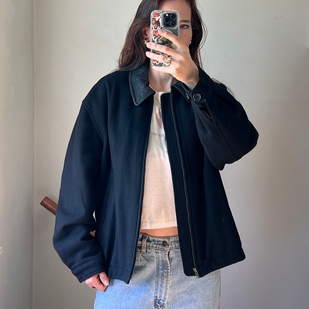 Vintage Bomber Jacket Medium Black Leather Collar Wool Blend Zip Up Utility Coat